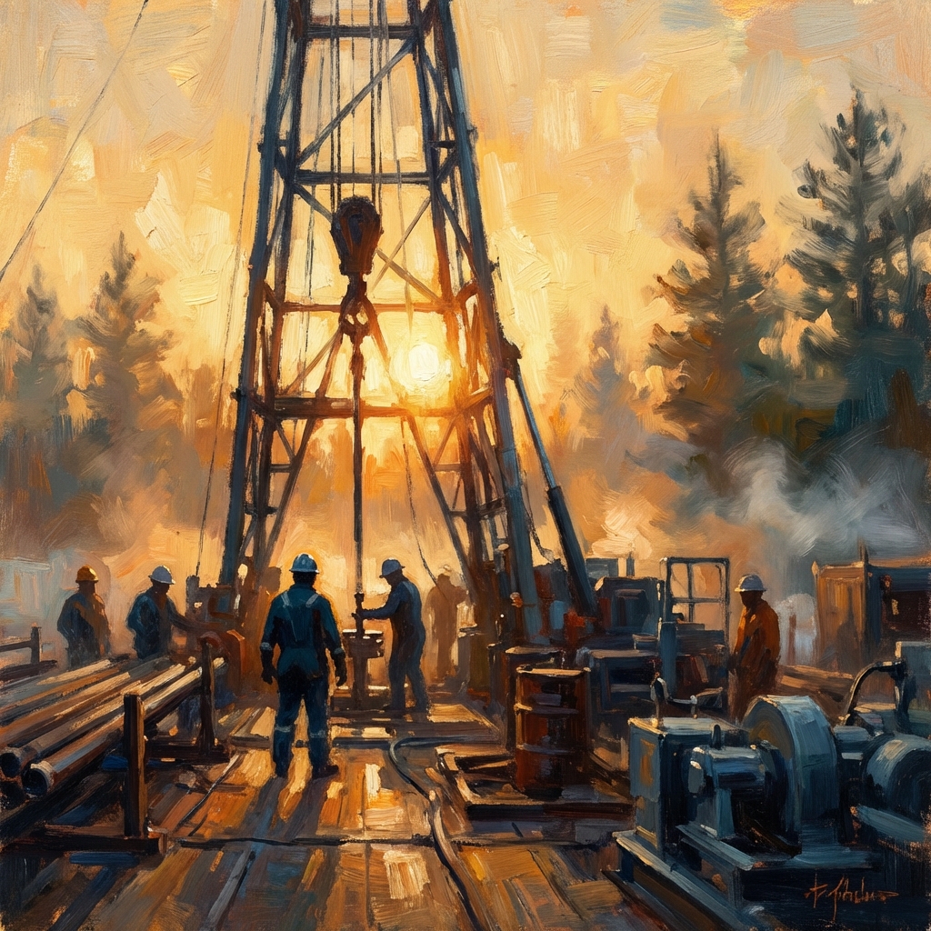 Roughneck drilling crew at sunrise